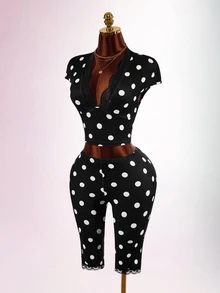 Amplova Women's Elegant Polka Dot Autumn Outfit - Black and White - View 2