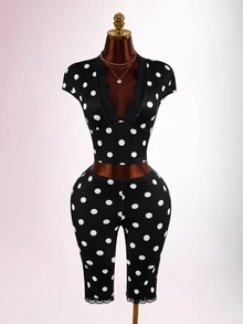 Amplova Women's Elegant Polka Dot Autumn Outfit - Black and White - View 4