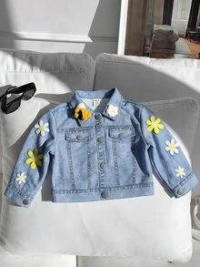 SHEIN Babygirl Cute Casual Versatile Printed Blue Floral Autumn Jacket - Blue - View 6