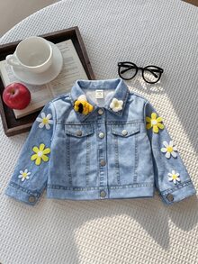 SHEIN Babygirl Cute Casual Versatile Printed Blue Floral Autumn Jacket - Blue - View 7