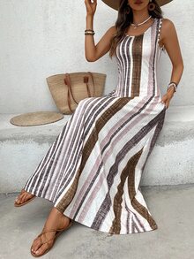 Louniche Women's Red And White Stripe Round Neck Pocket Casual Tropical Sleeveless Vacation Dress Beach Vacation Summer - Dark Brown - View 3