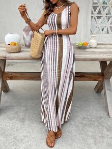 Louniche Women's Red And White Stripe Round Neck Pocket Casual Tropical Sleeveless Vacation Dress Beach Vacation Summer - Dark Brown - View 6