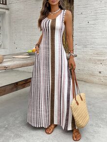 Louniche Women's Red And White Stripe Round Neck Pocket Casual Tropical Sleeveless Vacation Dress Beach Vacation Summer - Dark Brown - View 5