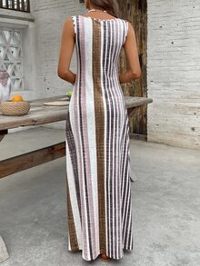 Louniche Women's Red And White Stripe Round Neck Pocket Casual Tropical Sleeveless Vacation Dress Beach Vacation Summer - Dark Brown - View 2