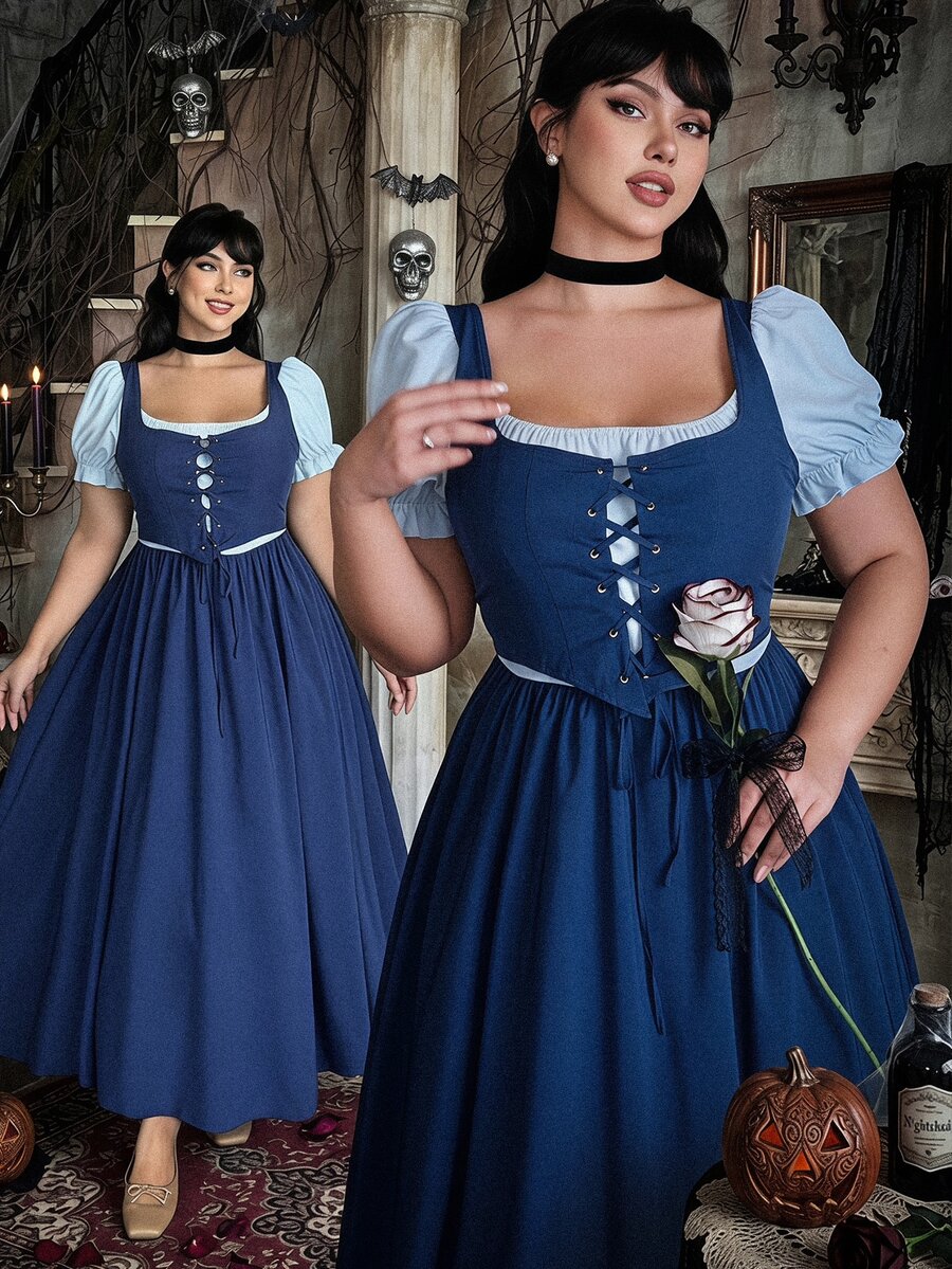 Lyrianda Halloween Goth Plus Size Summer Short Sleeve Patchwork Colorblock Tie Waist Vacation Style Dress - Multicolor - View 1