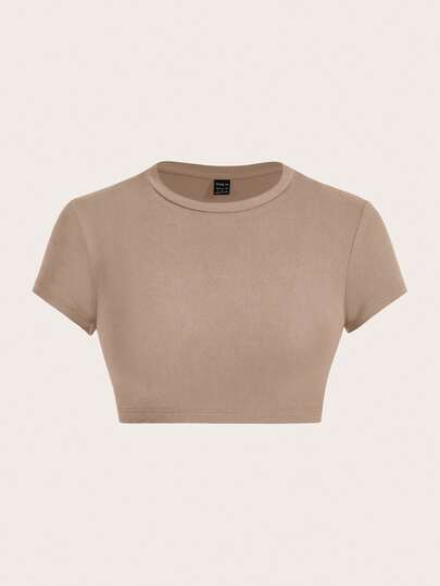 SHEIN ICON Casual Khaki Round Neck Short Sleeve Fitted Cropped Women T-Shirt, Suitable For Summer Suitable For Going Out