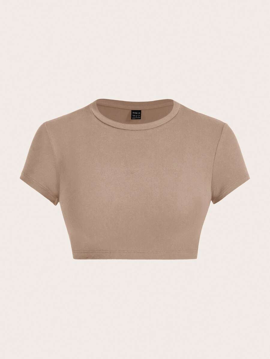 SHEIN ICON Casual Khaki Round Neck Short Sleeve Fitted Cropped Women T-Shirt, Suitable For Summer Suitable For Going Out - Khaki - View 1