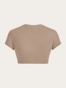 SHEIN ICON Casual Khaki Round Neck Short Sleeve Fitted Cropped Women T-Shirt, Suitable For Summer Suitable For Going Out - Khaki - View 2