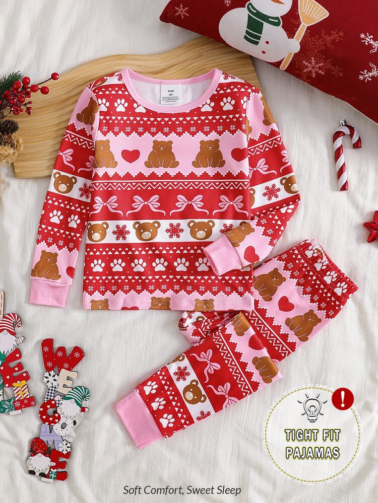 Young Girl Autumn/Winter Christmas Pajamas Bow Snug Fit Long Sleeve Pants Print Striped Snowflake Heart Bear Tight Pajama - Red and White - View 4