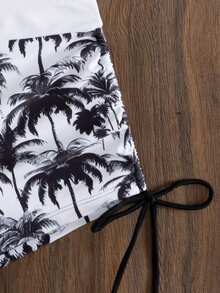 Swim Vcay White Summer Boho Tropical Holiday Pool Party Holiday Coconut Tree Print Shorts,Hollow Out Knit Cover Up & Spaghetti Strap Bikini 3-Piece Set Women - Black and White - View 8