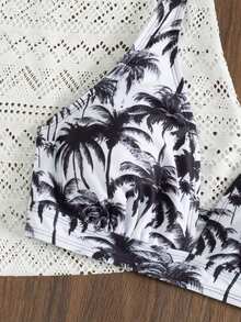 Swim Vcay White Summer Boho Tropical Holiday Pool Party Holiday Coconut Tree Print Shorts,Hollow Out Knit Cover Up & Spaghetti Strap Bikini 3-Piece Set Women - Black and White - View 7