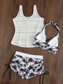 Swim Vcay White Summer Boho Tropical Holiday Pool Party Holiday Coconut Tree Print Shorts,Hollow Out Knit Cover Up & Spaghetti Strap Bikini 3-Piece Set Women - Black and White - View 2