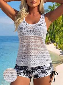Swim Vcay White Summer Boho Tropical Holiday Pool Party Holiday Coconut Tree Print Shorts,Hollow Out Knit Cover Up & Spaghetti Strap Bikini 3-Piece Set Women - Black and White - View 1