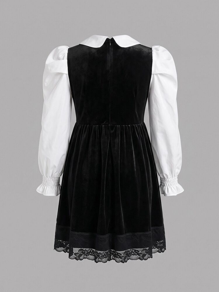 Young Girl Young Girl Kids Young Girl Young Girl Cute Black & White Colorblock Velvet Collar Long Sleeve Autumn Dress - Black - View 2