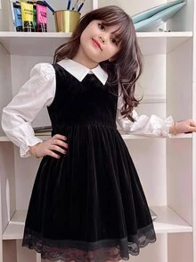 女童可愛黑白拼接色塊天鵝絨領長袖秋季洋裝 - 黑色 - 查看 5