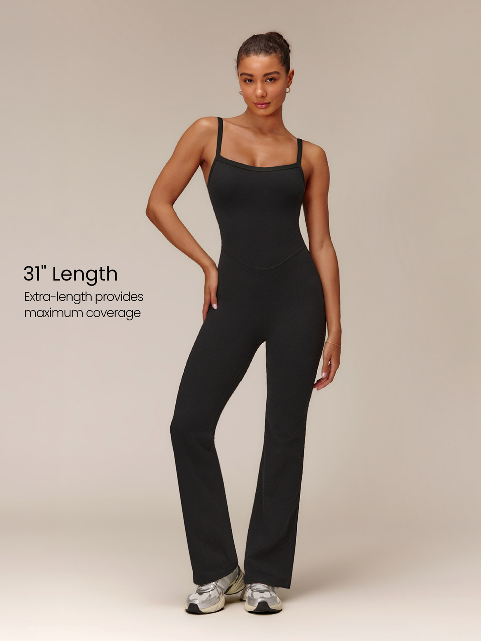 31" FeatherFit™ Fall Into Flare Jumpsuit With Flare-Leg, Adjustable Straps & Removable Cups Yoga Studio Daily Fall Wear