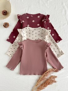 SHEIN 3件組女嬰長袖上衣 可愛甜美波爾多紅、奶油色、粉色 荷葉邊花卉羅紋圓領休閒款 生日派對秋季連身衣 時尚風 - 彩色 - 查看 2