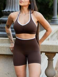 Maju Mazalli Women's Seamless 2 Piece Workout Set,High Stretch Halter Sports Bra & Tummy Control Shorts,Brown And White,Summer,Athleisure,Gym Yoga Activewear - Brown - View 4