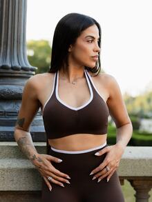 Maju Mazalli Women's Seamless 2 Piece Workout Set,High Stretch Halter Sports Bra & Tummy Control Shorts,Brown And White,Summer,Athleisure,Gym Yoga Activewear - Brown - View 3