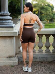 Maju Mazalli Women's Seamless 2 Piece Workout Set,High Stretch Halter Sports Bra & Tummy Control Shorts,Brown And White,Summer,Athleisure,Gym Yoga Activewear - Brown - View 2