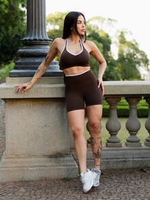 Maju Mazalli Women's Seamless 2 Piece Workout Set,High Stretch Halter Sports Bra & Tummy Control Shorts,Brown And White,Summer,Athleisure,Gym Yoga Activewear - Brown - View 1