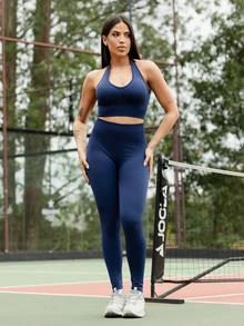 Maju Mazalli Women's Solid Color Minimalist Daily Halter Top And Pants Sports Suit Workout Set - Navy Blue - View 1