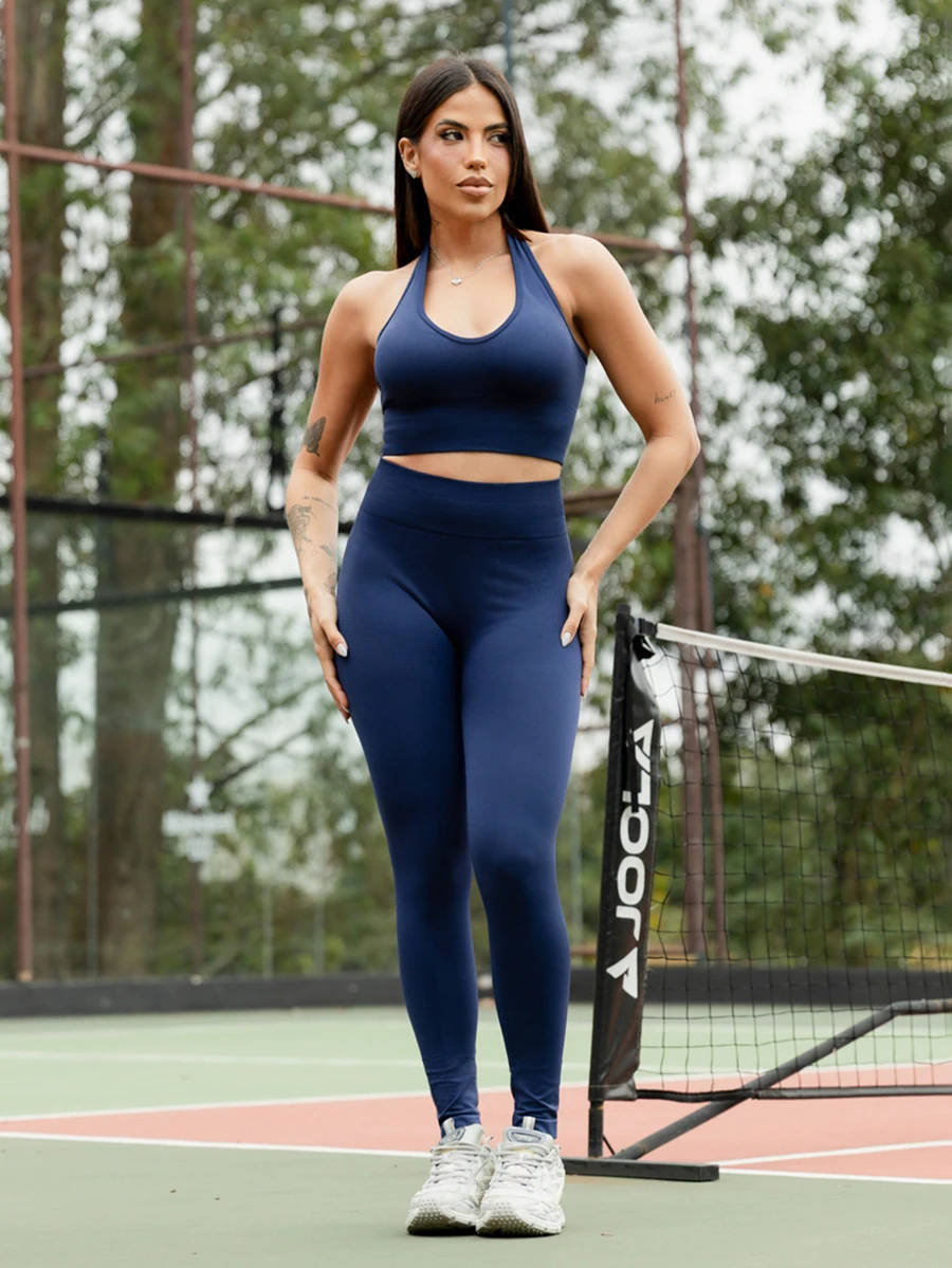 Maju Mazalli Women's Solid Color Minimalist Daily Halter Top And Pants Sports Suit Workout Set - Navy Blue - View 1