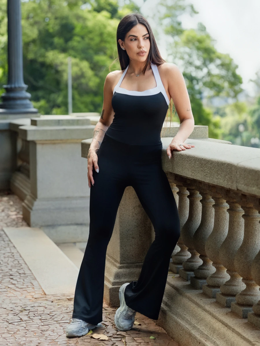 Maju Mazalli 女士瑜伽户外健身连体裤,吊带撞色露背背心和紧身喇叭裤 - 黑色 - 查看 1