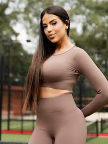 Maju Mazalli Seamless High Elasticity Women Solid Color Long Sleeve Top And Pants Sports Set - Coffee Brown - View 6