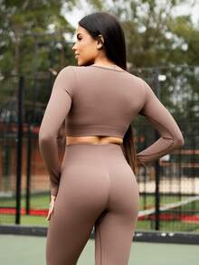 Maju Mazalli Seamless High Elasticity Women Solid Color Long Sleeve Top And Pants Sports Set - Coffee Brown - View 3