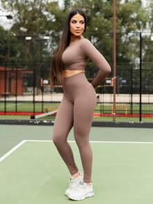 Maju Mazalli Seamless High Elasticity Women Solid Color Long Sleeve Top And Pants Sports Set - Coffee Brown - View 4