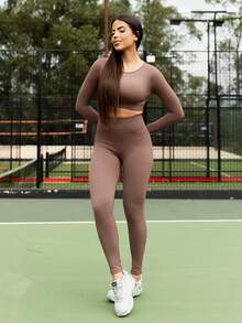 Maju Mazalli Seamless High Elasticity Women Solid Color Long Sleeve Top And Pants Sports Set - Coffee Brown - View 2