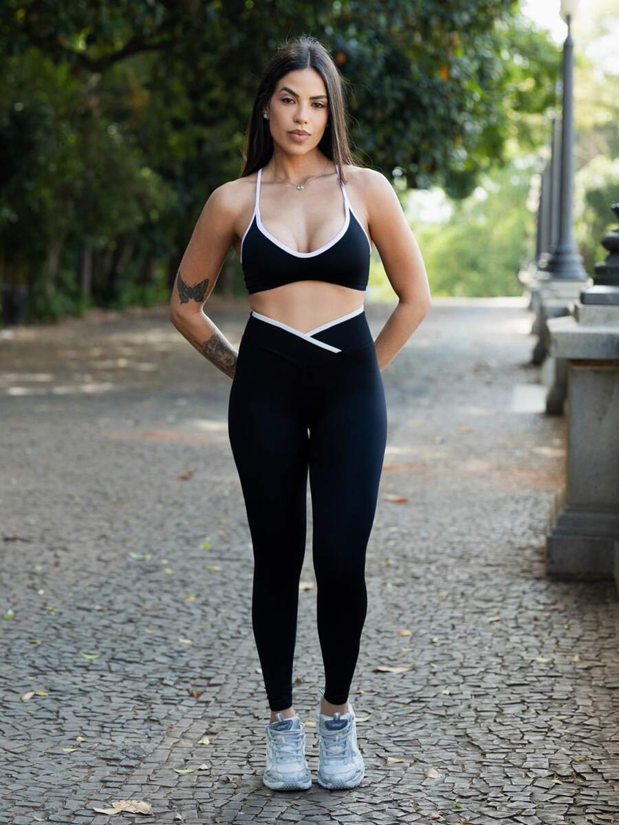 Maju Mazalli 女士撞色滚边弹力交叉后背运动文胸和紧身裤瑜伽健身套装两件套运动服套装运动紧身裤两件套无缝运动套装文胸和紧身裤套装曲线运动服套装健身房两件套瑜伽两件套运动两件套健身套装