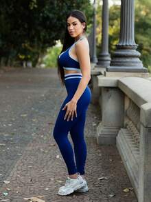 Maju Mazalli 女士拼接露背吊带上衣和紧身打底裤休闲运动套装 - 藍色 - 查看 6