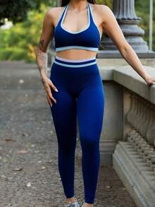Maju Mazalli 女士拼接露背吊带上衣和紧身打底裤休闲运动套装 - 藍色 - 查看 5