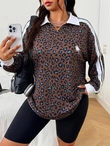 SHEIN EZwear 大尺碼女款豹紋拼接拼色騎士圖案長袖T恤 秋季 - 棕色 - 查看 5