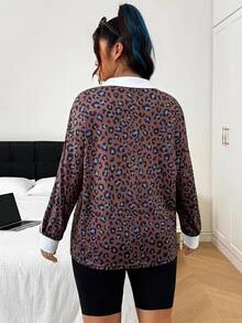 SHEIN EZwear 大尺碼女款豹紋拼接拼色騎士圖案長袖T恤 秋季 - 棕色 - 查看 3