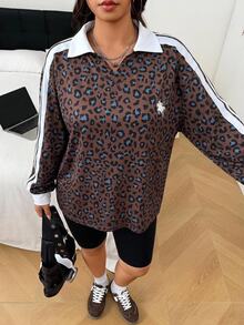 SHEIN EZwear 大尺碼女款豹紋拼接拼色騎士圖案長袖T恤 秋季 - 棕色 - 查看 6