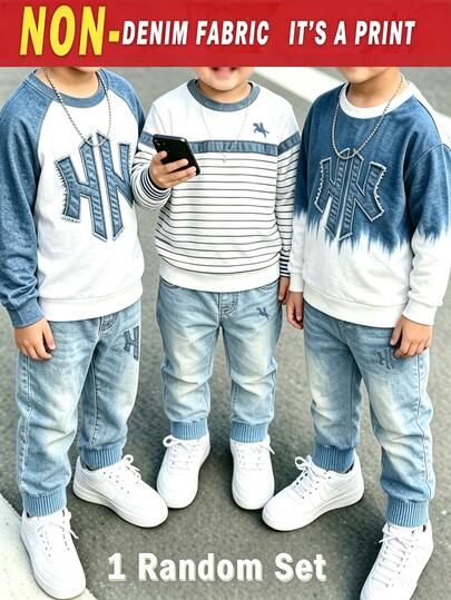 2件組青少年男孩牛仔效果印花運動衫與慢跑褲套裝，圓領長袖套頭衫配破洞補丁字母圖案，加厚款適合秋冬，街頭休閒中大童兩件套，隨機發送1套