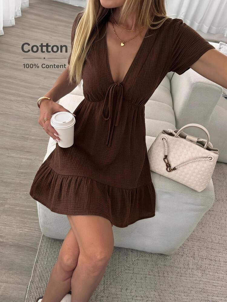 Easowa V-Neck Tie Bow Drop-Shoulder Ruched Waist Ruffle Hem A-Line Flare Dress Double Layer Crepe 100 Cotton Casual Tropical Vacation Summer Women's - Burgundy - View 1