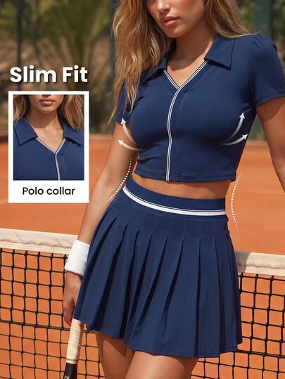 SHEIN Dewbera Bộ đồ thể thao nữ gồm áo thun ngắn tay cổ bẻ và chân váy quần xếp ly