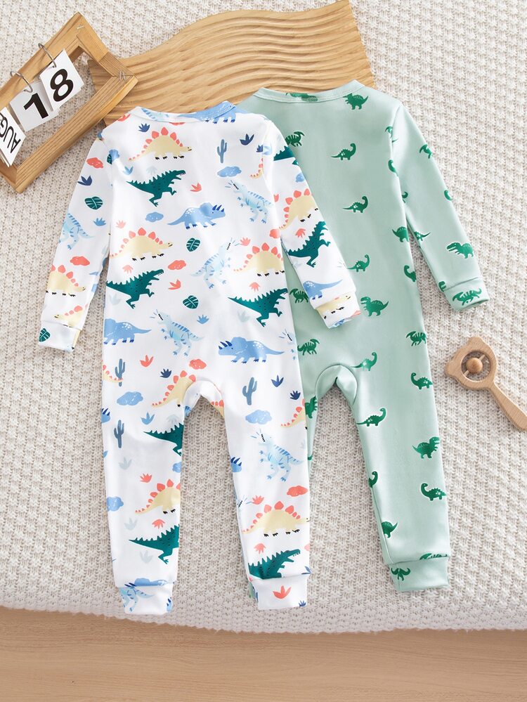Conjunto de pijama de 2 piezas de top de manga larga y pantalones de punto para bebé niño, con estampado digital de dinosaurios coloridos, cómodo y de moda, para primavera/verano - Multicolor - Añade 2