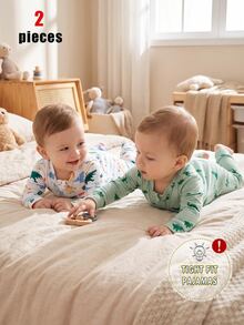 Baby Boy Knit Crew Neck Long Sleeve Top And Pants 2-Piece Pajama Set, Colorful Dinosaur Digital Print, Comfortable And Fashionable, Spring/Summer - Multicolor - View 8