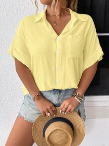 Elenzga Plus Size Solid Color Front Button Pocket Casual Shirt, Suitable For Summer - Yellow - View 6