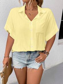 Elenzga Plus Size Solid Color Front Button Pocket Casual Shirt, Suitable For Summer - Yellow - View 5