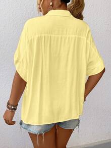 Elenzga Plus Size Solid Color Front Button Pocket Casual Shirt, Suitable For Summer - Yellow - View 2