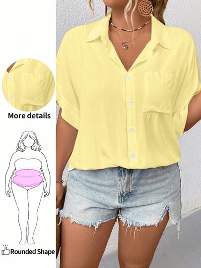 Elenzga Plus Size Solid Color Front Button Pocket Casual Shirt, Suitable For Summer