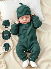 SHEIN Baby Knit Round Neck Long Sleeve Solid Color Pocket Applique Long Regular Fit Romper Fall - Dark Green - View 1