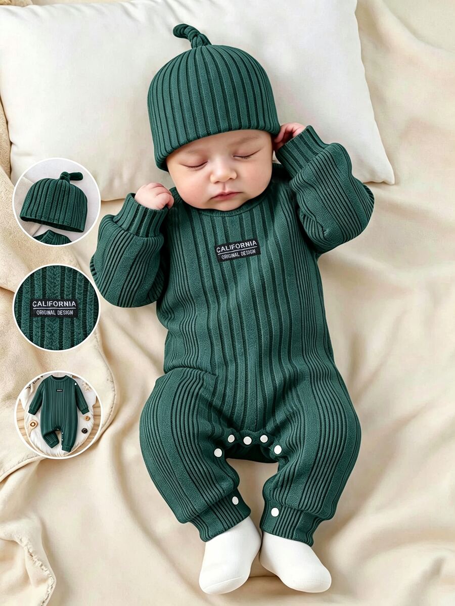 SHEIN Baby Knit Round Neck Long Sleeve Solid Color Pocket Applique Long Regular Fit Romper Fall - Dark Green - View 1
