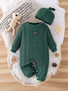 SHEIN Baby Knit Round Neck Long Sleeve Solid Color Pocket Applique Long Regular Fit Romper Fall - Dark Green - View 3
